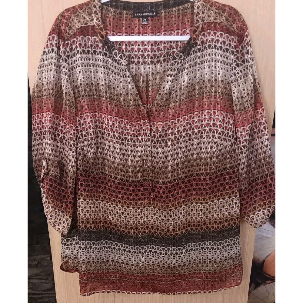 Sara‎ Michelle 2X ladies Gold Metalic Blouse Brown Cream And Burnt Orange V-Neck